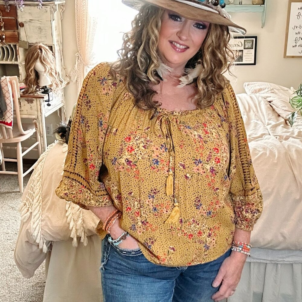 Nostalgia Mustard Floral Boho Blouse • Lace Cut-Out Sleeves • Tassel Tie • Size